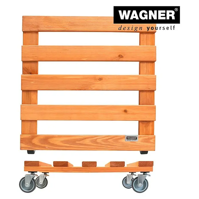 Wagner System Pflanzenroller - 9,5 x 38 cm, Hellbraun, Max. Belastung: 120 kg, Durchmesser Rolle: 50 mm - Das Bild zeigt einen Rollwagen von Wagner, ideal zum einfachen Transport von schweren Gegenständen. Die Holzkonstruktion sorgt für Stabilität.