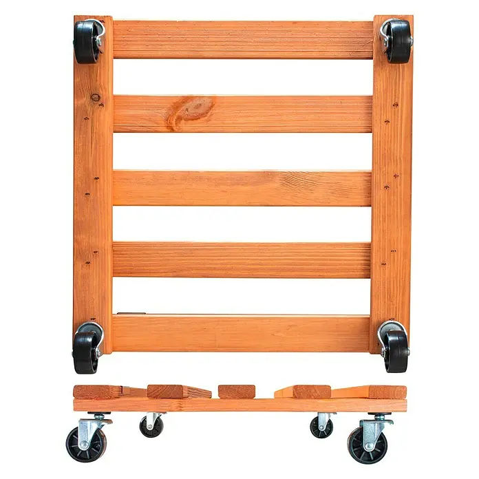 Wagner System Pflanzenroller - 9,5 x 38 cm, Hellbraun, Max. Belastung: 120 kg, Durchmesser Rolle: 47 mm - Ein rechteckiger, brauner Blumenrollwagen aus Holz mit fünf Stäben und vier Rollen an den Ecken, sowie zusätzlichen Rollen an der Unterseite.