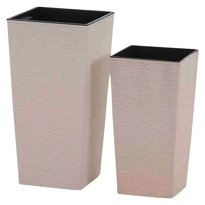 Siena Garden Pflanzsäule eckig Nizza Groove - Außenmaß (L x B x H): 35 x 35 x 68 cm, Kunststoff, Creme Groove - Zwei quadratische Pflanzgefäße in Beige mit dunklem Rand, ideal für Innen- und Außenbereich.