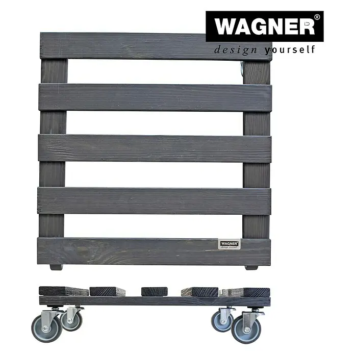 Wagner System Pflanzenroller - 9,5 x 38 cm, Anthrazit, Max. Belastung: 120 kg, Durchmesser Rolle: 50 mm - Produktbild eines robusten Rollbretts aus grauem Holz von Wagner, ideal zum einfachen Transportieren schwerer Gegenstände.
