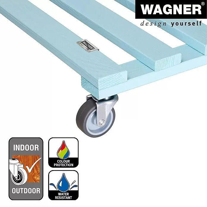 Wagner System Pflanzenroller - 9,5 x 38 cm, Blau, Max. Belastung: 120 kg, Durchmesser Rolle: 50 mm - Hellblauer Rolluntersetzer aus Holz mit grauem Lenkrad, für Innen- und Außenbereich, farb- und wasserbeständig.