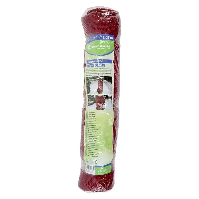 Floraworld Classic Jute-Gewebematte - Rot, 500 cm - Aufgerollter, roter Jute Stoff von Flora world, 5m lang und 1,05m breit, verpackt in Plastikfolie.