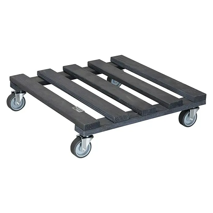 Wagner System Pflanzenroller - 9,5 x 38 cm, Anthrazit, Max. Belastung: 120 kg, Durchmesser Rolle: 50 mm - Eine graue, rollende Pflanzenpalette aus Holz mit fünf Rädern. Ideal für den einfachen Transport von Pflanzen und anderen schweren Gegenständen.