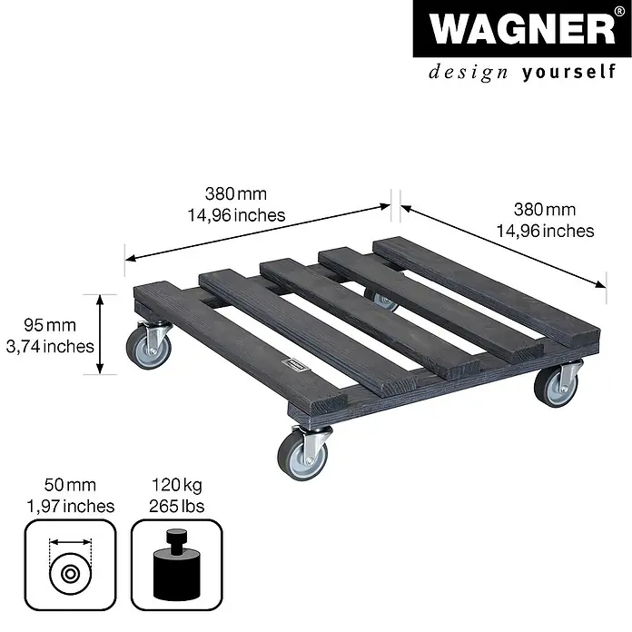 Wagner System Pflanzenroller - 9,5 x 38 cm, Anthrazit, Max. Belastung: 120 kg, Durchmesser Rolle: 50 mm - Abbildung eines Rollbretts von Wagner mit Maßangaben. Das Brett ist aus Holz und hat vier Rollen.