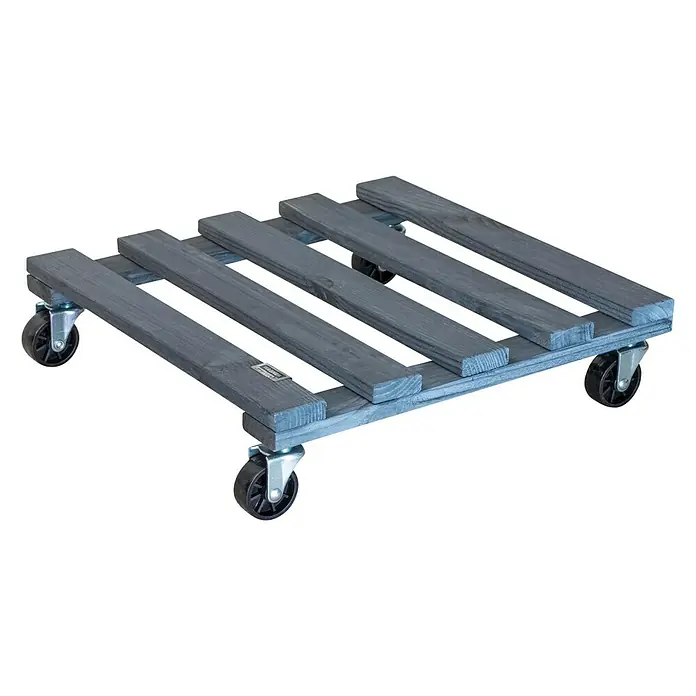 Wagner System Pflanzenroller - 9,5 x 38 cm, Anthrazit, Max. Belastung: 120 kg, Durchmesser Rolle: 47 mm - Eine graue, rechteckige Pflanzenroller-Palette aus Holz mit fünf Holzlatten und vier Rollen, die für den einfachen Transport von Topfpflanzen konzipiert ist.