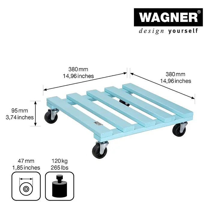 Wagner System Pflanzenroller - 9,5 x 38 cm, Blau, Max. Belastung: 120 kg, Durchmesser Rolle: 47 mm - Produktbild eines hellblauen Rollbretts mit den Maßen 380 x 380 mm und einer Höhe von 95 mm, belastbar bis 120 kg.