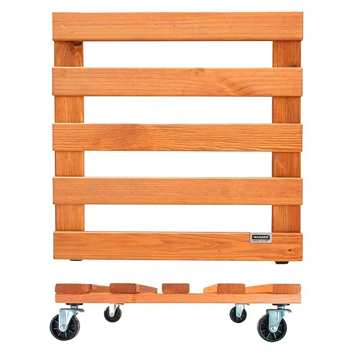 Wagner System Pflanzenroller - 9,5 x 38 cm, Hellbraun, Max. Belastung: 120 kg, Durchmesser Rolle: 47 mm - Das Bild zeigt eine robuste, rollbare Pflanzenuntersetzer aus Holz von Wagner, ideal für den einfachen Transport von schweren Pflanzen.
