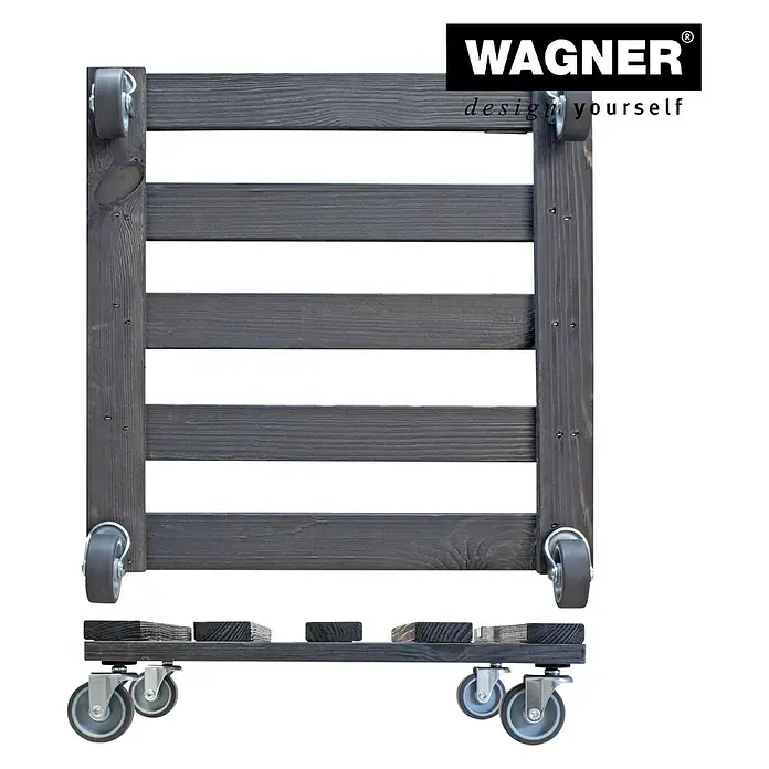 Wagner System Pflanzenroller - 9,5 x 38 cm, Anthrazit, Max. Belastung: 120 kg, Durchmesser Rolle: 50 mm - Das Bild zeigt einen schwarzen Pflanzenroller von Wagner mit vier Rollen und einem robusten Holzrahmen für den sicheren Transport.