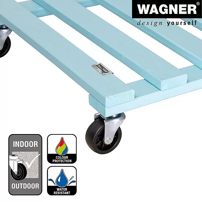 Wagner System Pflanzenroller - 9,5 x 38 cm, Blau, Max. Belastung: 120 kg, Durchmesser Rolle: 47 mm - Hellblauer Lattenroller aus Holz mit schwarzen Rollen, flexibel für Innen- und Außenbereiche.