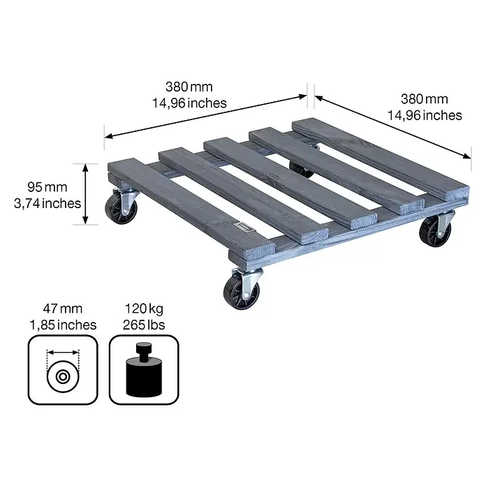 Wagner System Pflanzenroller - 9,5 x 38 cm, Anthrazit, Max. Belastung: 120 kg, Durchmesser Rolle: 47 mm - Ein grauer Pflanzenroller mit Rollen und Maßangaben. Maximale Belastung 120kg.