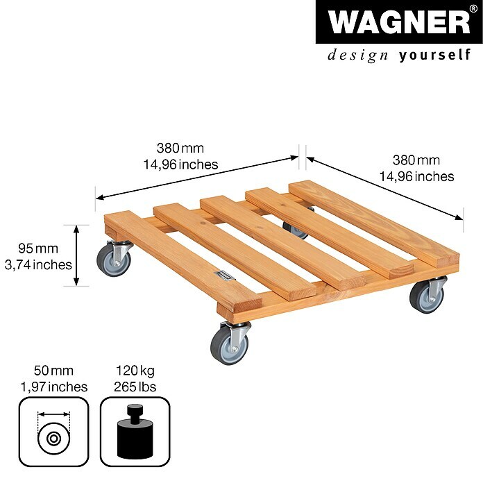 Wagner System Pflanzenroller9,5 x 38 cm, Hellbraun, Max. Belastung: 120 kg, Durchmesser Rolle: 50 mm Sketch