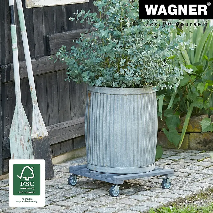 Wagner System Pflanzenroller - 9,5 x 38 cm, Anthrazit, Max. Belastung: 120 kg, Durchmesser Rolle: 50 mm - Produktbild eines Blumentopfs auf einem Rollbrett von Wagner, ideal für den Garten oder die Terrasse.\n