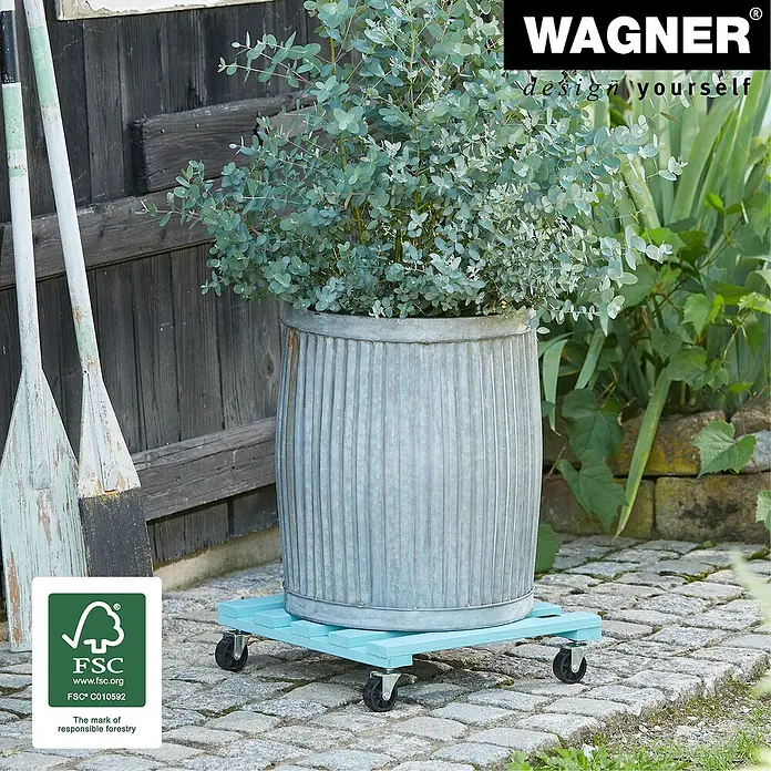 Wagner System Pflanzenroller - 9,5 x 38 cm, Blau, Max. Belastung: 120 kg, Durchmesser Rolle: 47 mm - Pflanzroller mit einer Pflanze im Topf.