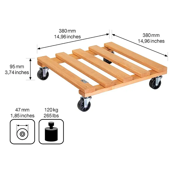 Wagner System Pflanzenroller - 9,5 x 38 cm, Hellbraun, Max. Belastung: 120 kg, Durchmesser Rolle: 47 mm - Produktbild eines Rollbretts aus Holz mit technischen Details zu Abmessungen und Belastbarkeit.