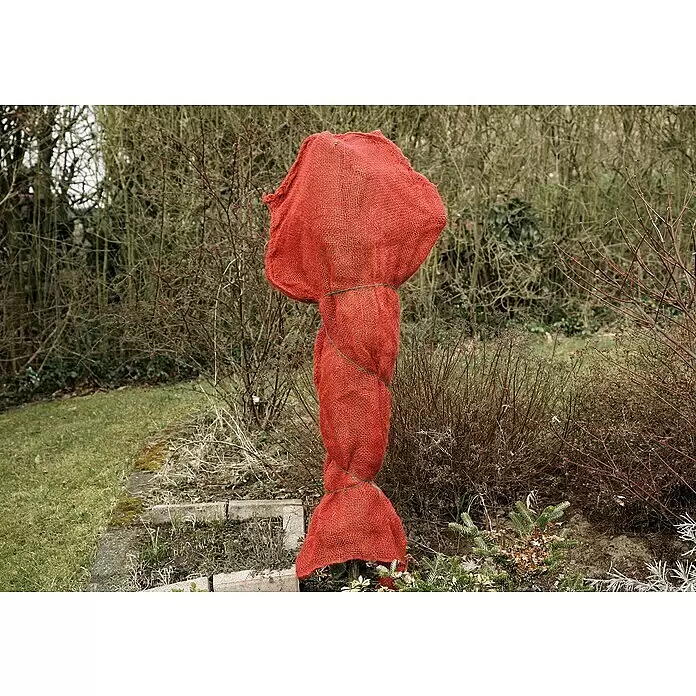 Floraworld Classic Gartensack - Rot, 105 cm - Roter Gewebe-Pflanzenschutz wickelt eine Pflanze im Garten.