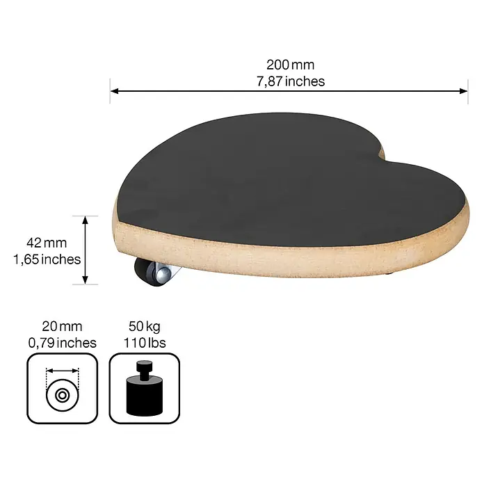 Wagner System Pflanzenroller - 20 cm, Holz, Schwarz, Max. Belastung: 50 kg - Das herzförmige Pflanzenroller mit den Maßen 200 mm x 42 mm ist mit Rollen ausgestattet und trägt bis zu 50 kg.