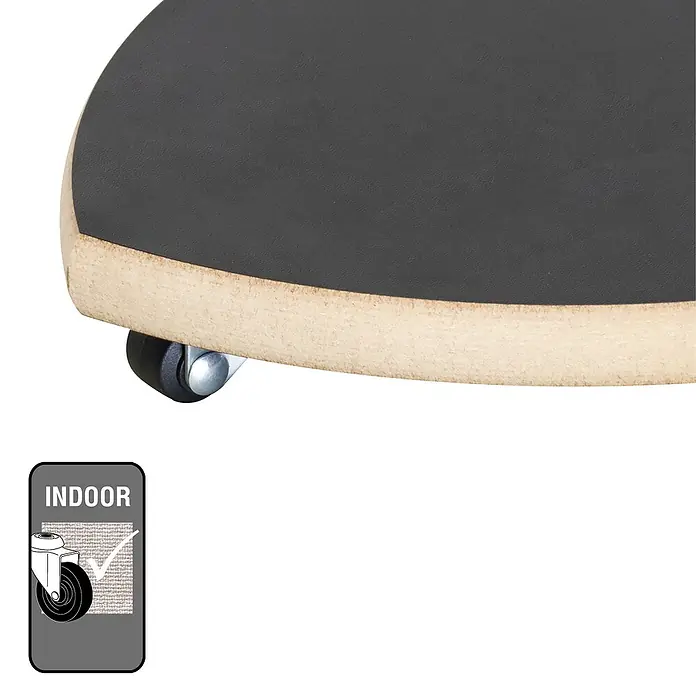 Wagner System Pflanzenroller - 20 cm, Holz, Schwarz, Max. Belastung: 50 kg - Nahaufnahme eines Rollhockers mit schwarzer Sitzfläche, hellbraunem Holzrahmen und Indoor-Rolle.