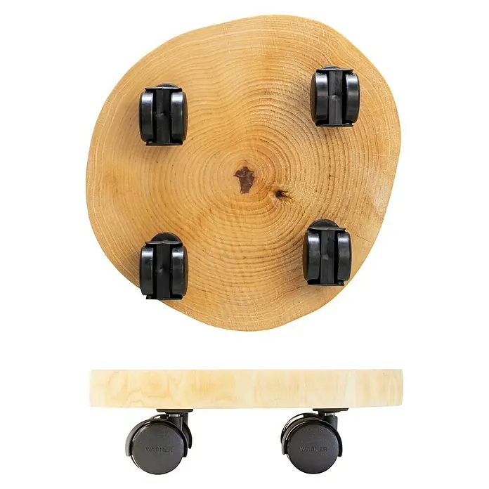 Wagner System Pflanzenroller - 30 cm, Birke, Max. Belastung: 50 kg - Eine Nahaufnahme eines runden Pflanzenrollers aus Holz mit vier Rollen und ein rechteckiger Pflanzenroller mit zwei Rollen.