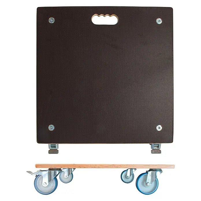 Wagner System Pflanzenroller MaxiGrip - L x B: 58 x 58 cm, Holz, Dunkelbraun, Max. Belastung: 300 kg - Das Bild zeigt einen Möbelroller mit Griffmulde und einen zusätzlichen Rollbrett für den Transport, beide in Nahaufnahme vor schwarzem Hintergrund.