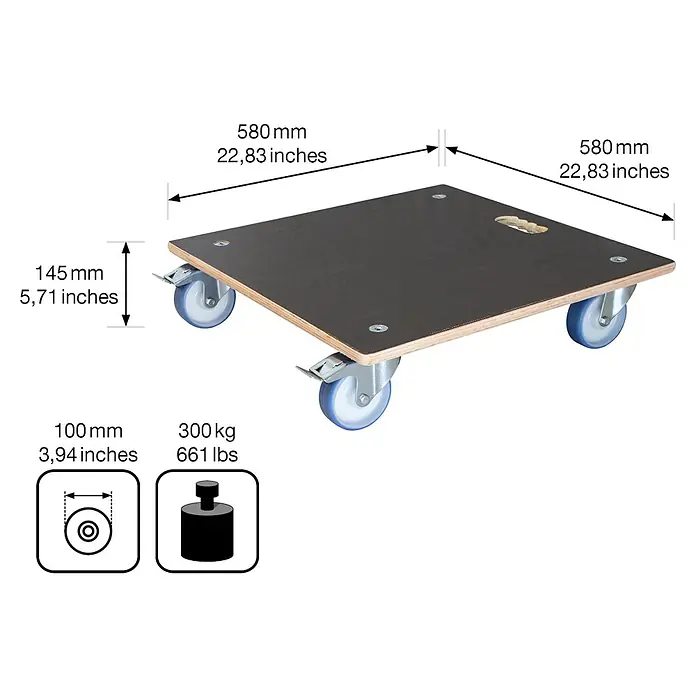 Wagner System Pflanzenroller MaxiGrip - L x B: 58 x 58 cm, Holz, Dunkelbraun, Max. Belastung: 300 kg - Die Abmessungen des Rollbretts mit einer Kapazität von 300 kg sind auf dem Bild dargestellt.