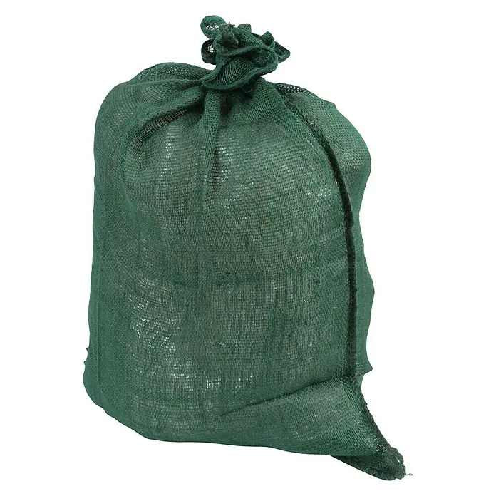 Floraworld Classic Gartensack - Grün, 80 cm - Nahaufnahme eines gefüllten Jutesacks mit Kordelzug, ideal zum Aufbewahren von Kleinteilen oder als rustikale Dekoration.