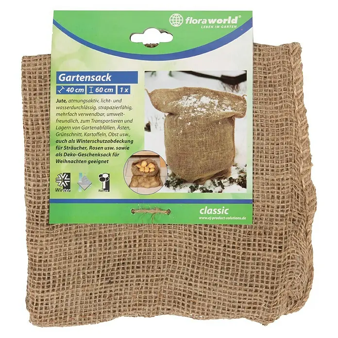 Floraworld Classic Gartensack - Natur, 60 cm - Gartensack aus Jute, atmungsaktiv und umweltfreundlich, ideal für Gartenabfälle, Äste und als Winterschutz. Für Sträucher, Rosen und als Geschenkverpackung.