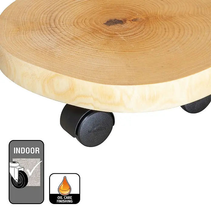 Wagner System Pflanzenroller - 30 cm, Birke, Max. Belastung: 50 kg - Nahaufnahme eines runden Pflanzenrollers aus Holz mit schwarzen Rollen und Symbolen für Innenbereich und Ölpflege.