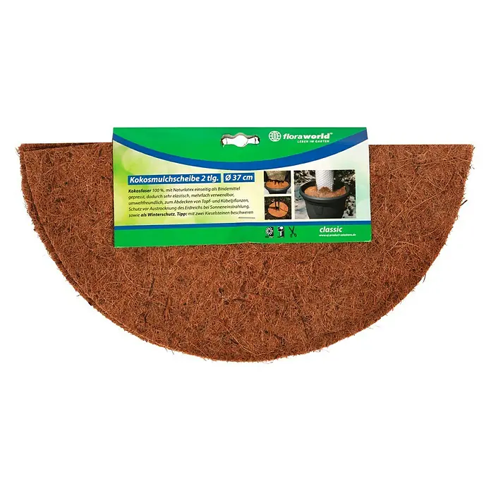 Floraworld Kokosmulchscheibe - 37 cm - Produktfoto einer Kokosmulchscheibe (2-teilig, Ø 37 cm) von Floraworld. Die Scheibe besteht aus Kokosfaser und dient als Schutz für Pflanzen.