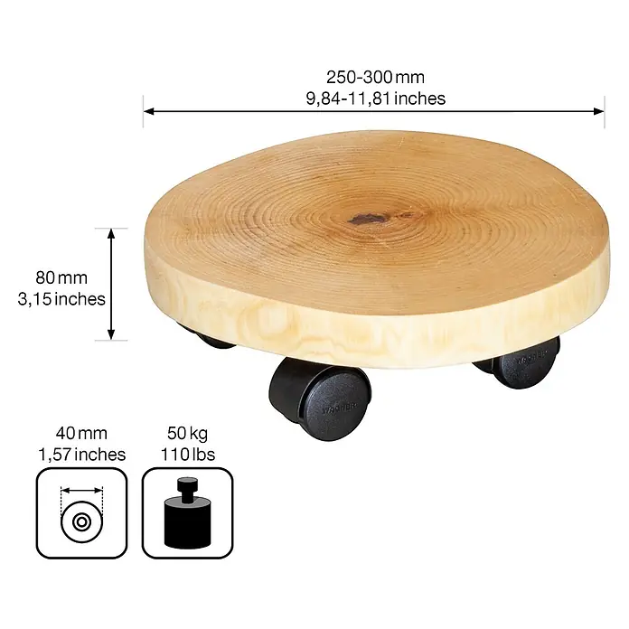 Wagner System Pflanzenroller - 30 cm, Birke, Max. Belastung: 50 kg - Abbildung eines runden Pflanzenrollers aus Holz mit schwarzen Rollen und Größenangaben.