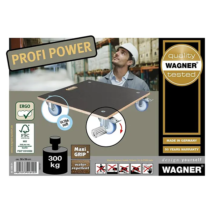 Wagner System Pflanzenroller MaxiGrip - L x B: 58 x 58 cm, Holz, Dunkelbraun, Max. Belastung: 300 kg - Produktbild einer Wagner Profi Power Möbelrollplatte mit den Eigenschaften: Ergo, Ultra Soft, Maxi Grip, Wasserabweisend, 300kg Traglast.