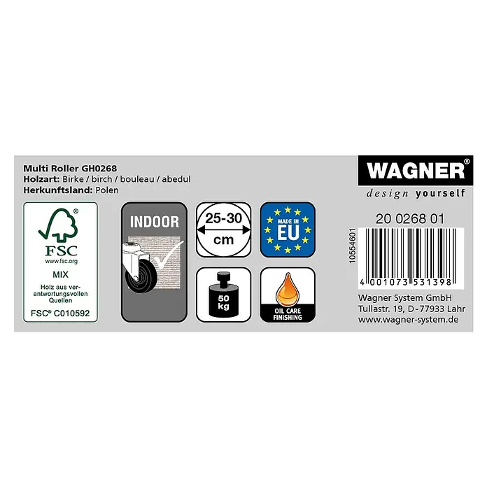 Wagner System Soporte con ruedas para plantas - Diámetro: 30 cm, Redonda, Madera, Específico para: Plantas de hasta 50 kg - La etiqueta muestra un Multi Roller GH0268 de madera de abedul, fabricado en Polonia, apto para interiores, con acabado de aceite y una capacidad de carga de 50 kg.