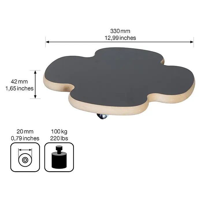 Wagner System Pflanzenroller - 33 cm, Holz, Schwarz, Max. Belastung: 100 kg - Das Produktbild zeigt ein graues, blütenförmiges Möbelstück mit Rollen und Maßangaben, das ein Gewicht von bis zu 100 kg tragen kann.