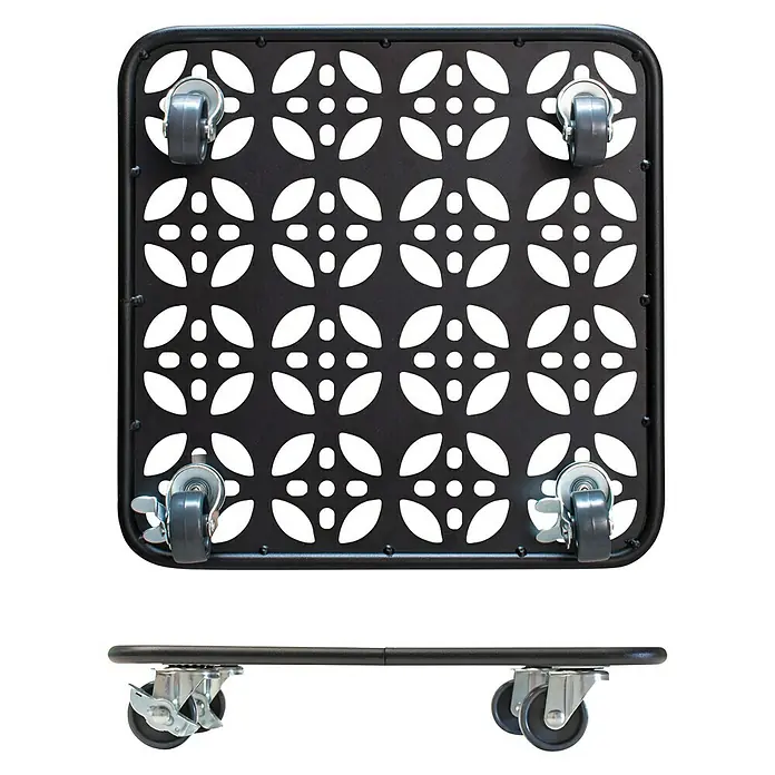 Wagner System Pflanzenroller - 30 x 30 cm, Metall, Schwarz, Max. Belastung: 80 kg - Produktbild einer quadratischen, schwarzen Pflanzenroller mit dekorativem Muster und vier Rollen für einfachen Transport von Pflanzen.