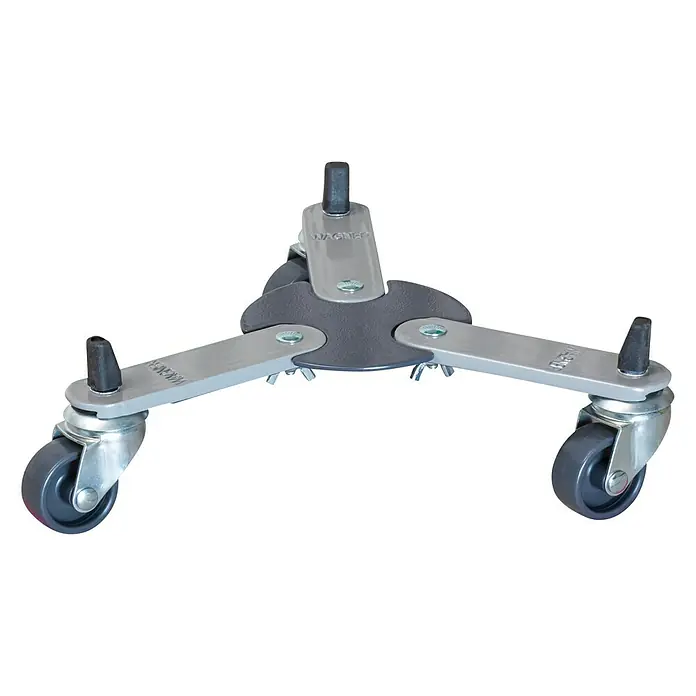 Wagner System Pflanzenroller SUN CITY SMALL - 37,5 cm, Metall, Grau, Max. Belastung: 75 kg - Bild eines Wagner-Möbelrollers mit drei Rädern und einer grauen, dreieckigen Plattform auf schwarzem Hintergrund.