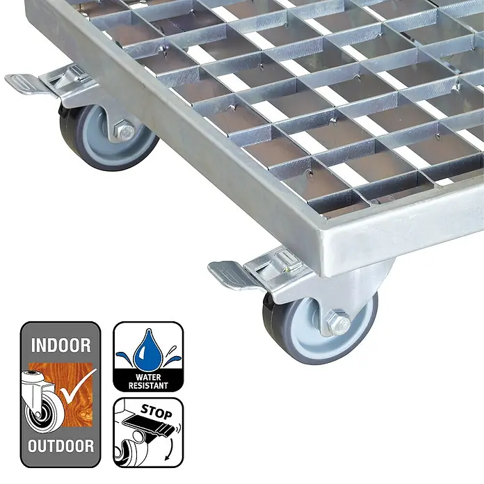Wagner System Pflanzenroller - L x B: 29 x 29 cm, Metall, Verzinkt, Max. Belastung: 200 kg - Detailaufnahme eines Gitterwagens mit Rollen, geeignet für Innen- und Außenbereiche, wasserabweisend und mit Stoppfunktion.