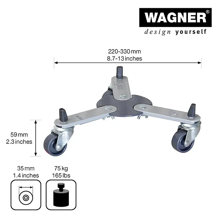 Wagner System Pflanzenroller SUN CITY SMALL - 37,5 cm, Metall, Grau, Max. Belastung: 75 kg - Das Bild zeigt einen dreibeinigen Möbelroller von Wagner mit technischen Details wie Größe und Traglast.