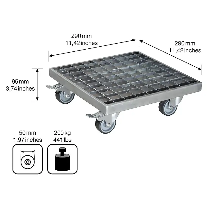 Wagner System Pflanzenroller - L x B: 29 x 29 cm, Metall, Verzinkt, Max. Belastung: 200 kg - Detailaufnahme eines Transportrollers mit Gitterfläche und technischen Daten wie Maße und Gewicht.