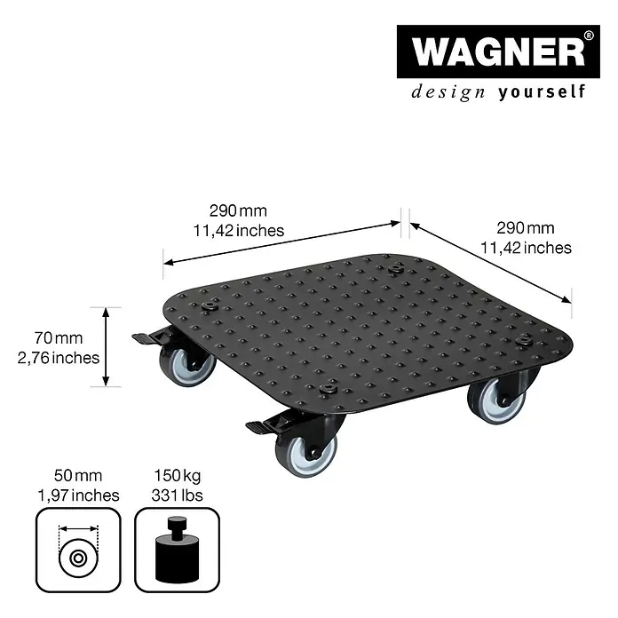 Wagner System Pflanzenroller - 29 x 29 cm, Metall, Schwarz, Max. Belastung: 150 kg - Abbildung eines WAGNER Möbelrollers mit den Maßen 290 x 290 mm, einer Höhe von 70 mm und einer maximalen Belastbarkeit von 150 kg.