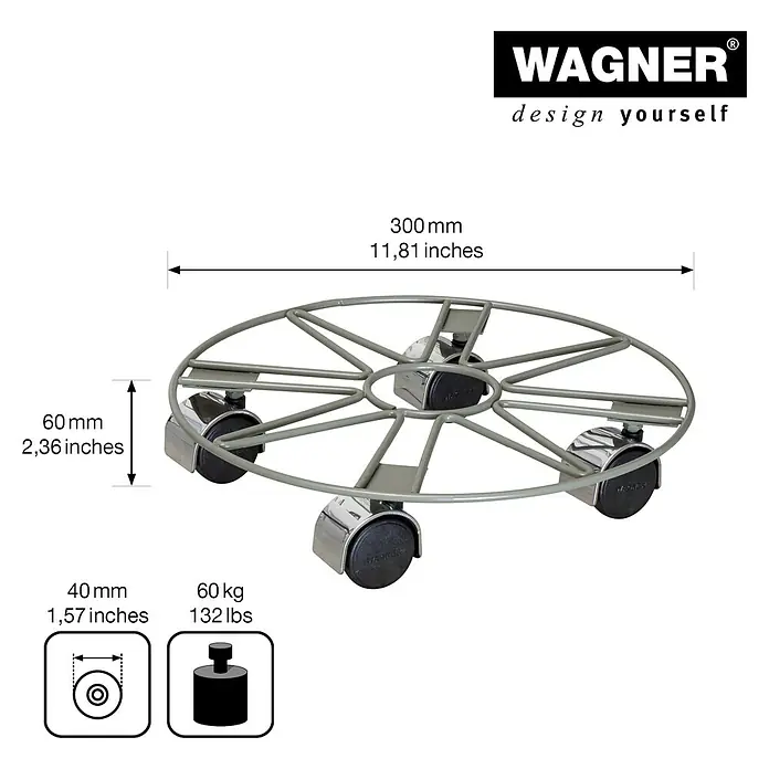 Wagner System Pflanzenroller - 30 cm, Metall, Grau, Max. Belastung: 60 kg - Abbildung eines runden, grauen Pflanzenrollers mit Rollen und technischen Daten wie Durchmesser, Höhe und Traglast.