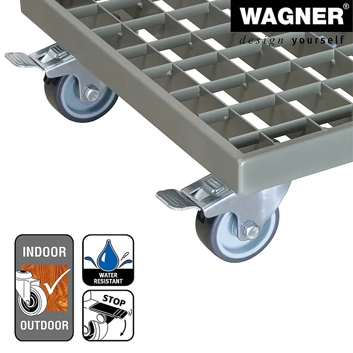 Wagner System Pflanzenroller - L x B x H: 29 x 29 x 9,5 cm, Rechteckig, Metall, Pulverbeschichtet - Wagenheber mit Rollen von Wagner, geeignet für drinnen und draußen, wasserabweisend und mit Stoppfunktion.