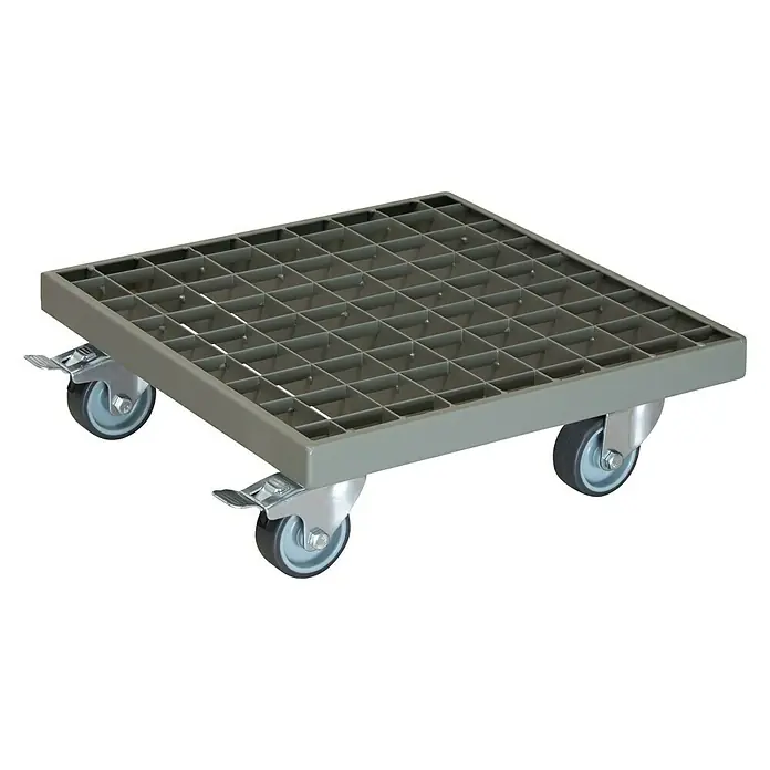 Wagner System Pflanzenroller - L x B x H: 29 x 29 x 9,5 cm, Rechteckig, Metall, Pulverbeschichtet - Produktbild eines grauen Rollbretts mit Gittermuster und vier Rollen, ideal für den Transport schwerer Gegenstände.