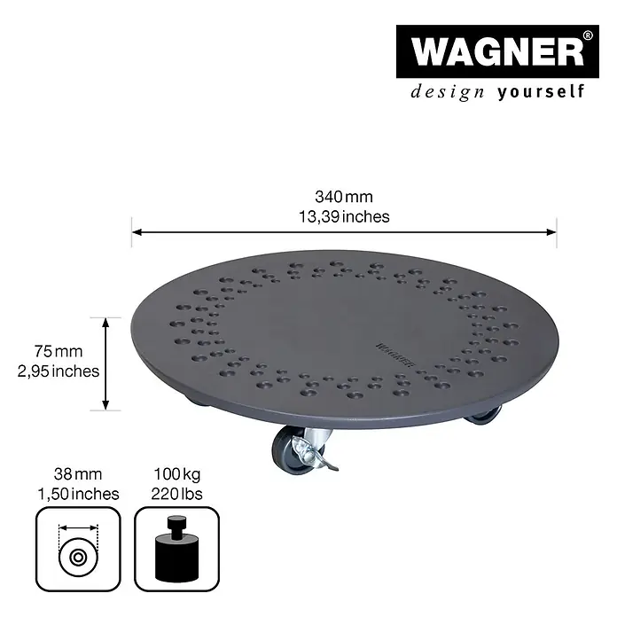 Wagner System Pflanzenroller - 34 cm, Beton, Anthrazit, Max. Belastung: 100 kg - Bild eines runden Rollbretts von Wagner mit technischen Details wie Durchmesser, Höhe und Traglast.