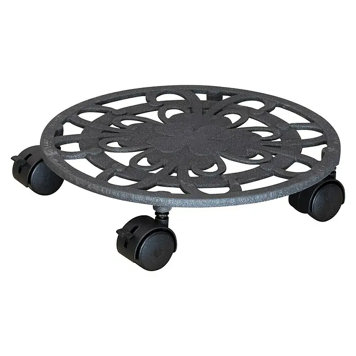 Wagner System Pflanzenroller - 29 cm, Metall, Silber, Max. Belastung: 50 kg - Dekorativer, runder Pflanzenroller aus Gusseisen mit Blumenmuster und vier schwarzen Rollen für den einfachen Transport von Pflanzen.
