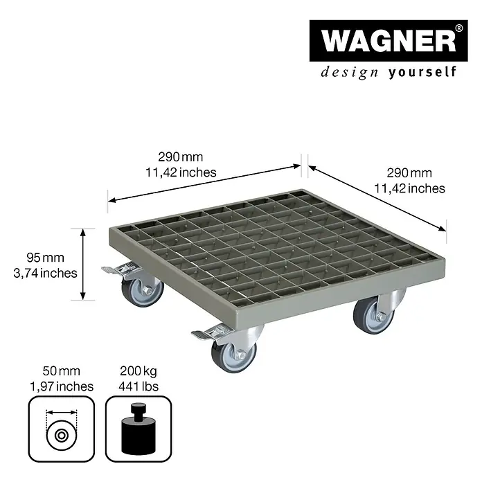 Wagner System Pflanzenroller - L x B x H: 29 x 29 x 9,5 cm, Rechteckig, Metall, Pulverbeschichtet - Produktdarstellung eines Rollbretts von Wagner mit den Maßen 290 mm x 290 mm und einer Höhe von 95 mm, Traglast 200 kg.