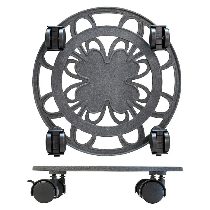 Wagner System Pflanzenroller - 29 cm, Metall, Silber, Max. Belastung: 50 kg - Eine Nahaufnahme eines runden, rollbaren Pflanzenständers aus Metall mit dekorativem Design und schwarzen Rollen vor schwarzem Hintergrund.