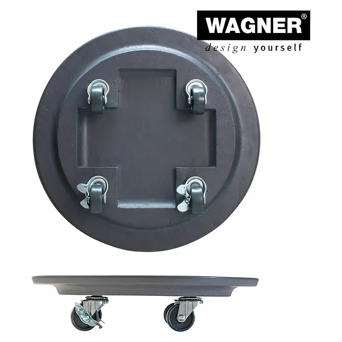 Wagner System Pflanzenroller - 34 cm, Beton, Anthrazit, Max. Belastung: 100 kg - Das Bild zeigt einen grauen, runden Rollwagen mit vier Rädern. Der Wagen ist aus Beton gefertigt und hat eine robuste Bauweise.