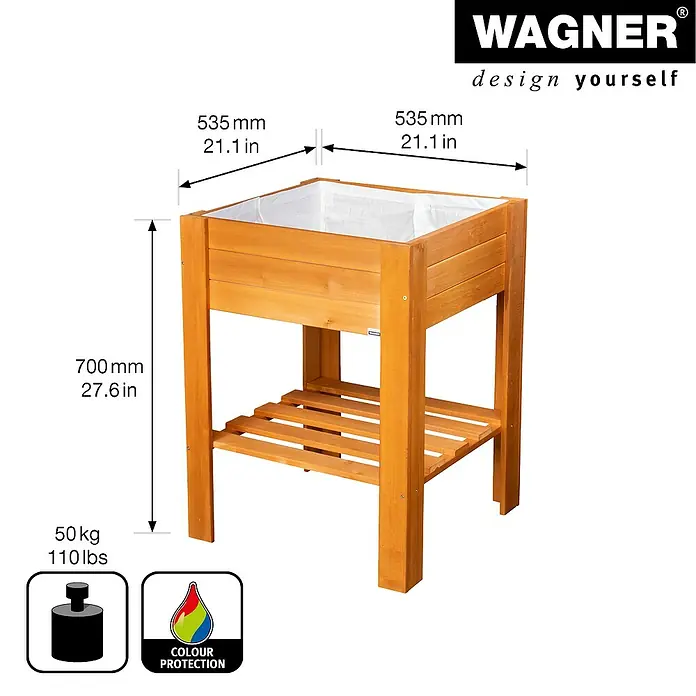 Wagner System GreenFamily Hochbeet GreenBOX light - 53,5 x 53,5 x 70 cm, Dunkelbraun - Abbildung eines hölzernen Pflanzkastens von Wagner mit den Maßen 535 mm x 535 mm x 700 mm und einer maximalen Traglast von 50 kg.