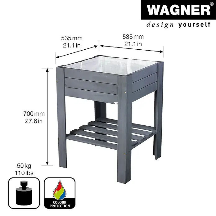 Wagner System GreenFamily Hochbeet GreenBOX light - 53,5 x 53,5 x 70 cm, Anthrazit - Das Bild zeigt einen grauen, erhöhten Pflanzkasten aus Holz mit den Maßen 535 x 535 x 700 mm und einer Tragkraft von 50 kg.