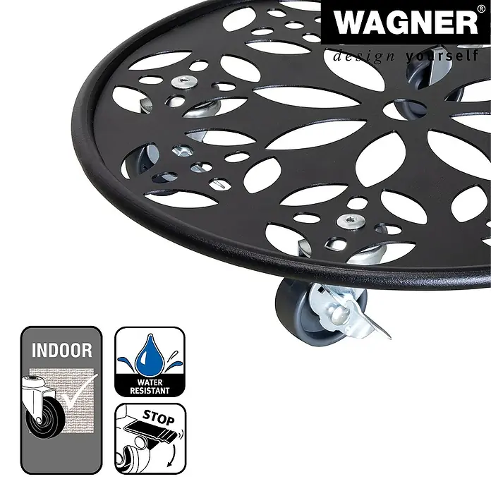Wagner System Pflanzenroller - 30 cm, Metall, Schwarz, Max. Belastung: 100 kg - Schwarzer Pflanzenroller mit Rollen und Stoppfunktion für den Innenbereich, wasserabweisend und bis zu einer bestimmten Last tragfähig.
