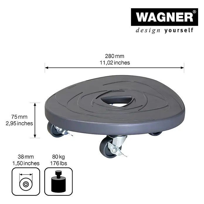 Wagner System Pflanzenroller - 28 cm, Beton, Anthrazit, Max. Belastung: 80 kg - Abbildung eines grauen, rollbaren Pflanzenrollers von Wagner mit technischen Details wie Größe und Traglast.